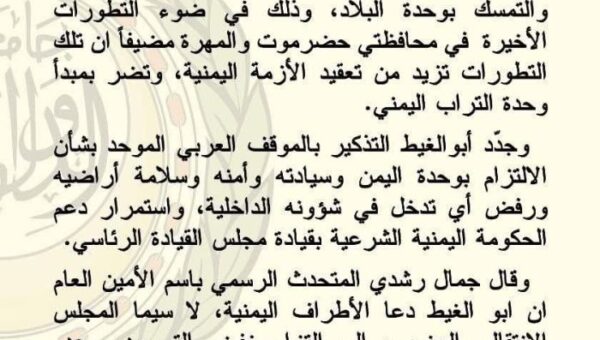 أمين عام جامعة الدول العربية يؤكد على الموقف العربي بشأن وحدة اليمن وسيادته وأمنه وسلامة أراضيه